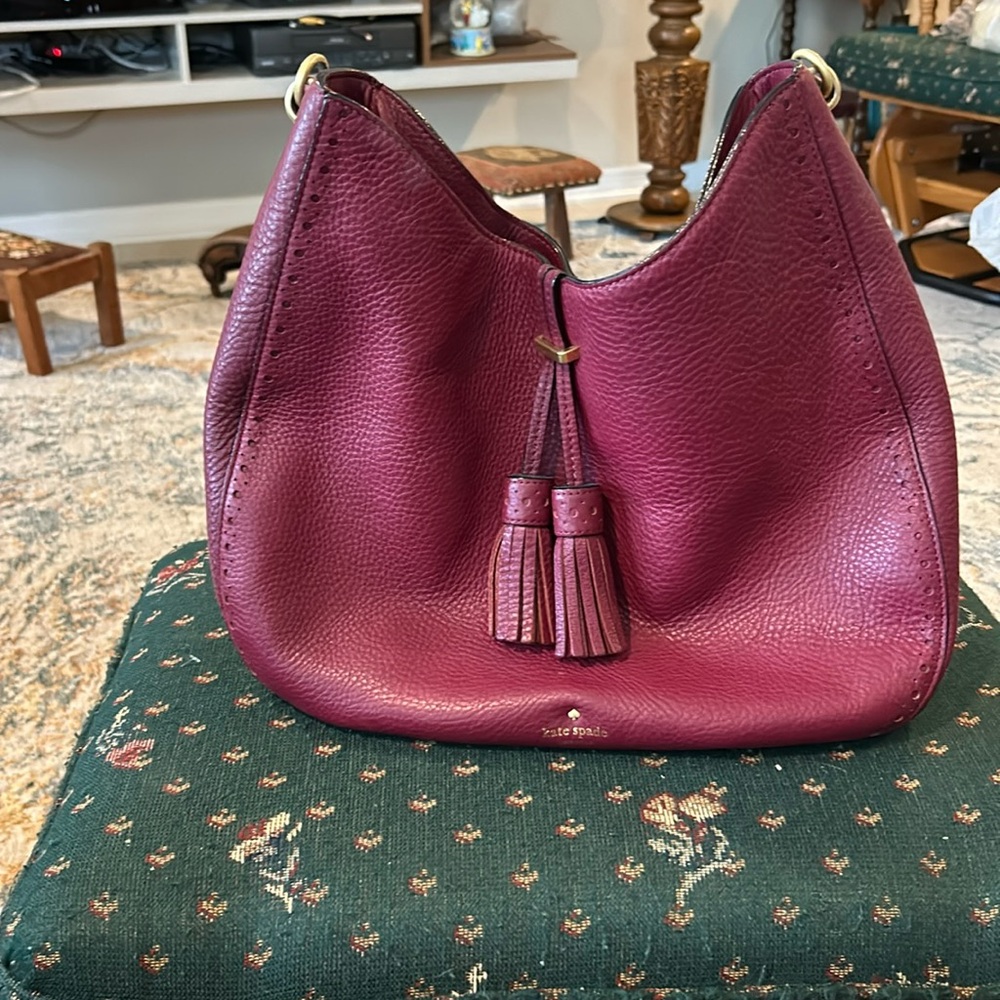 Kate Spade Nore Merlot black cherry hobo green leather 14 x 12 x 4 1/2